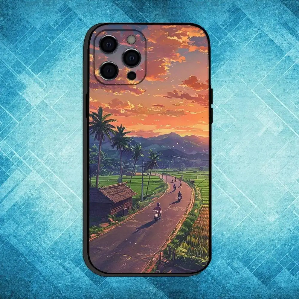 حافظة هاتف مطلية بمناظر طبيعية لهاتف iPhone17,16,15,14,13,12,11 Plus، Pro Max غطاء أسود ناعم #4