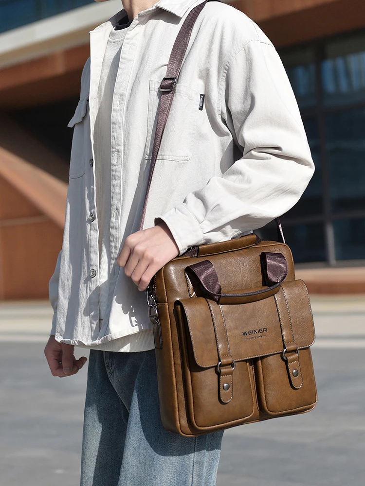 PU Leather Shoulder Bag Square Porter Men'S Handbags Business Briefcase Vintage Messenger Cross Side Crossbody Portable Bag