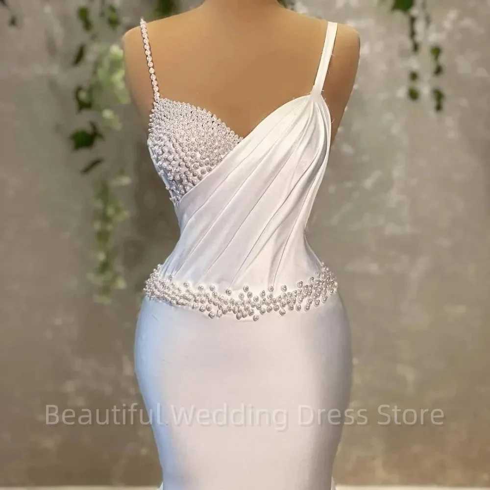 Sexy Wedding Dress For Women Charming Straps Pearls Satin Bride Gowns Mermaid Floor Length Beading Robe Vestidos De Novia