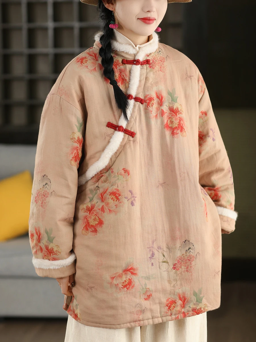 

Зимнее китайское пальто с принтом, на пуговицах, из хлопка, женское, длинное, теплый воротник-стойка, традиционное пальто