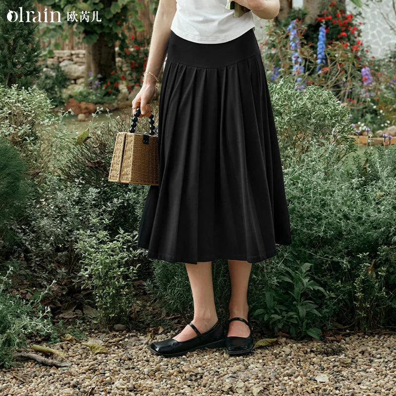 

OLrain Black Midi Woman Skirts 2025 Summer Elegant Female A-line Featuring Pleated High-waist Ladies Women's Skirt O24XB90606