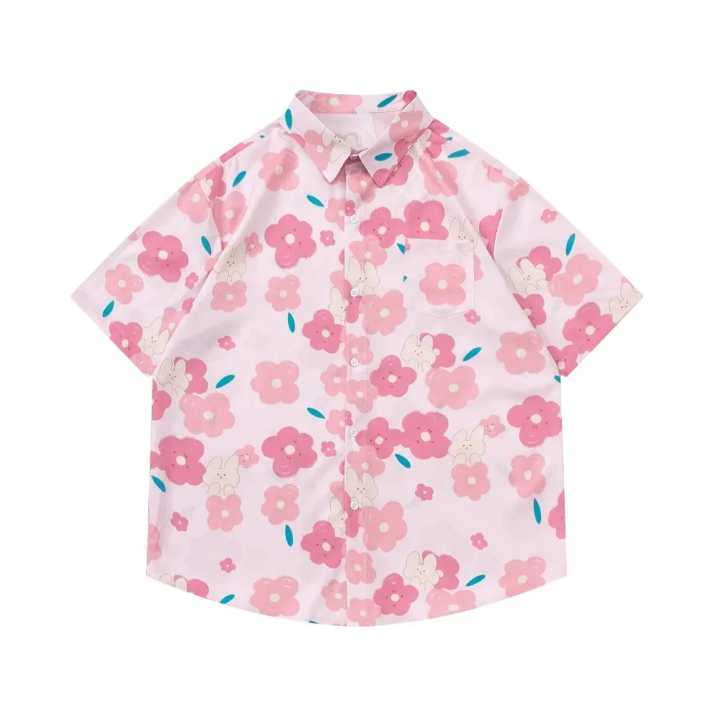 Chemises à manches courtes colorées pour hommes et femmes, streetwear floral rose pour jeunes, tenues de vacances en bord de mer, chemise décontractée pour couple, été, 03