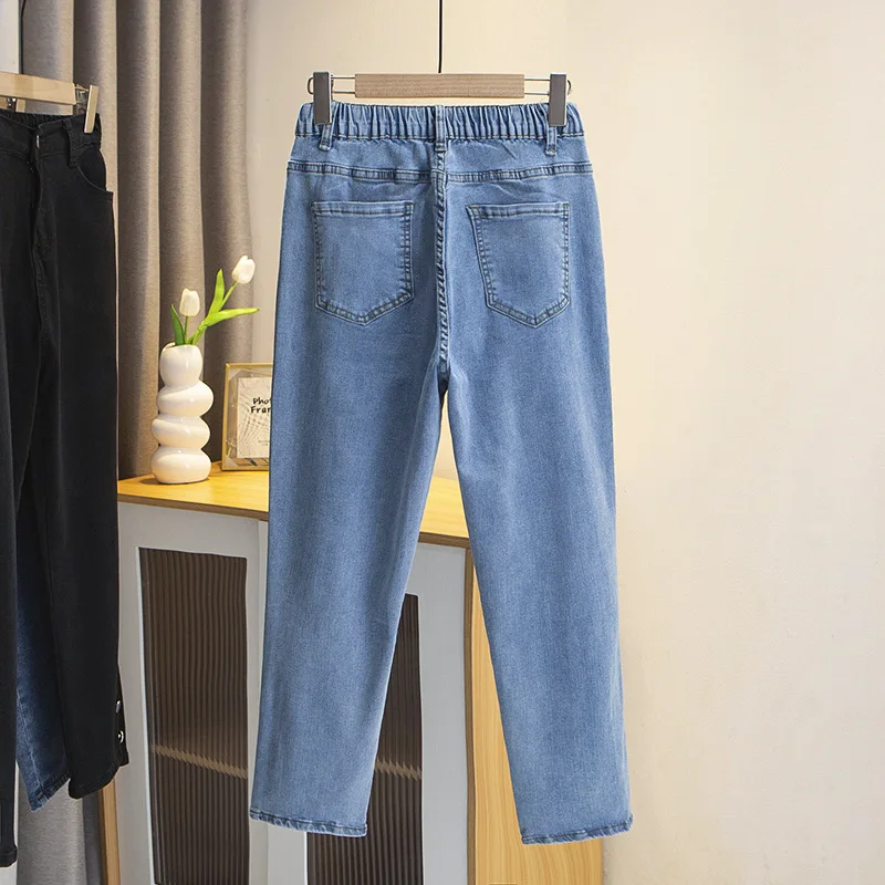 Drainpipe Jeans for Women, High Waist, Button Leg Opening, Slim Denim, Ankle-Length Straight Pants, Black, Plus Size, Boyfriend