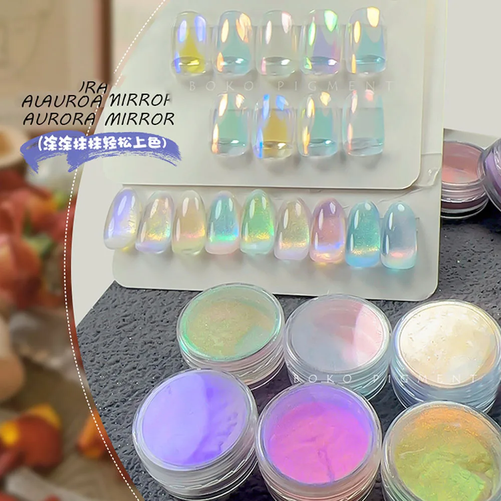 9Jar/Set Aurora Moonlight Mirror Nail Powder 9 Colors Pearl Mermaid Unicorn Nail Chrome  UV Gel Polish  Pigment DIY Nail Decor