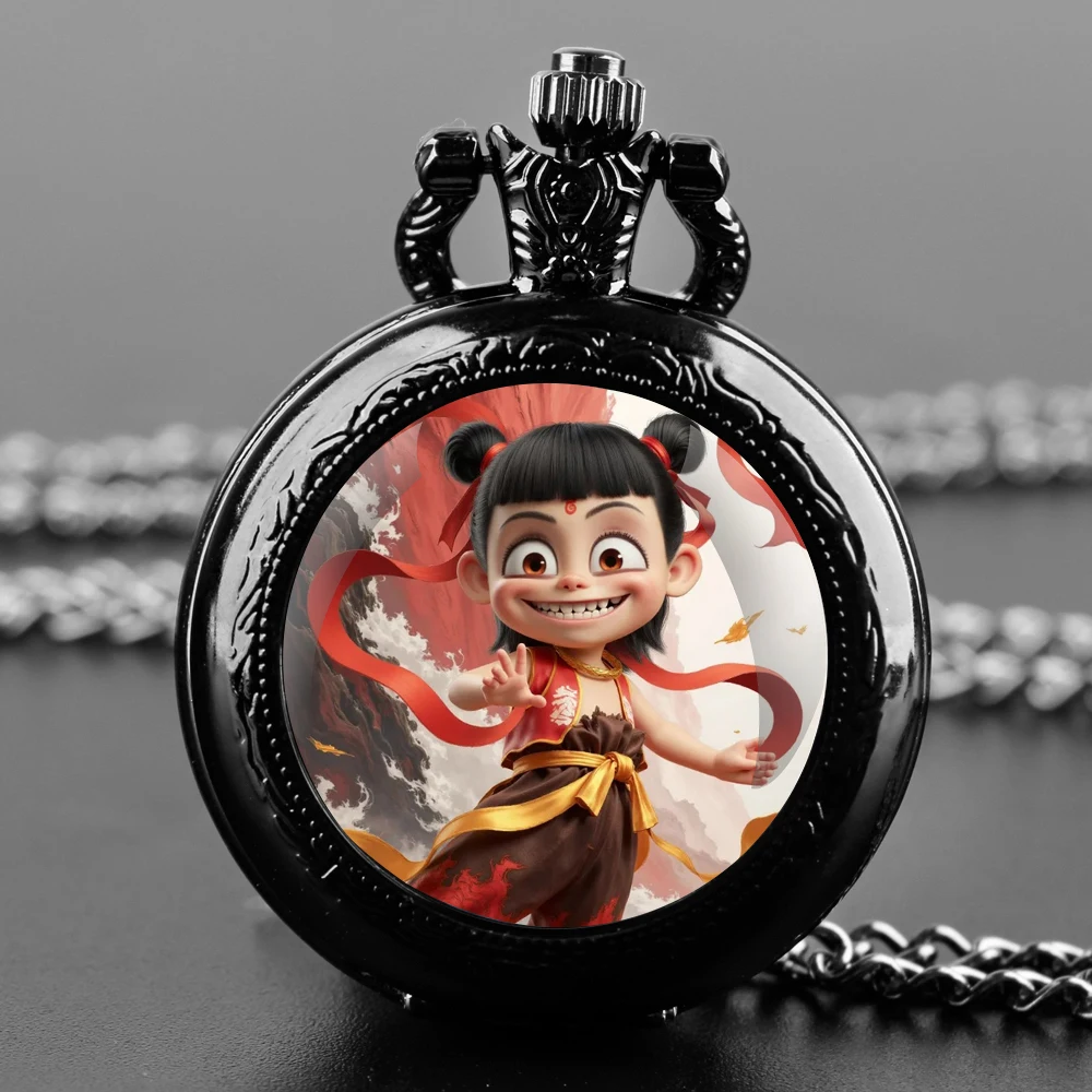 Nezha 2 jam tangan saku kubah kaca Anime Film baru dengan kalung rantai jam tangan liontin kuarsa antik hadiah Pria Wanita