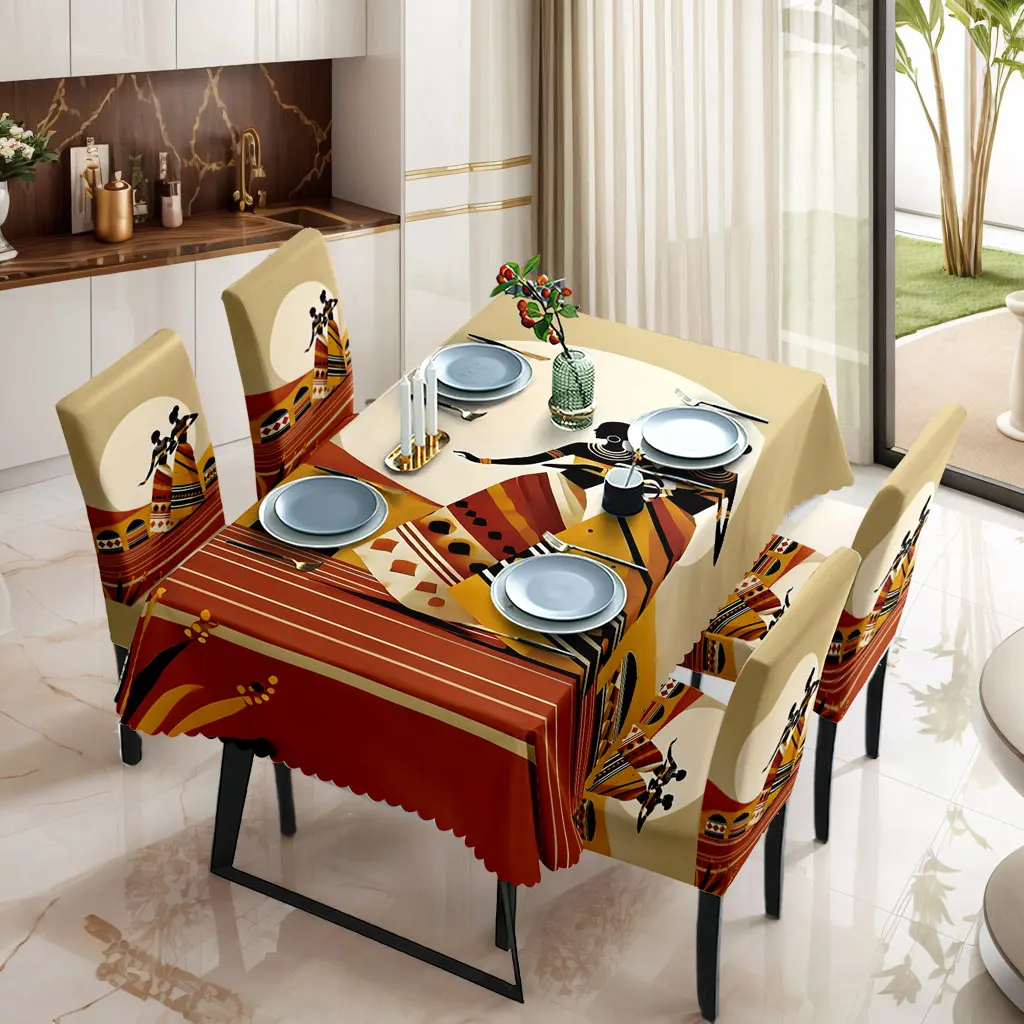 

5/7pcs African Tribal Tablecloth Elastic Chair Covers Set Boho Home Decor