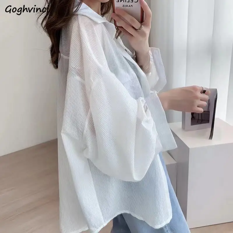 

Shirts Women Long Sleeve Loose Striped Retro Fashion All-match Bf Casual Sweet Teen Girls Tops Summer Sunproof Ulzzang Chic Ins