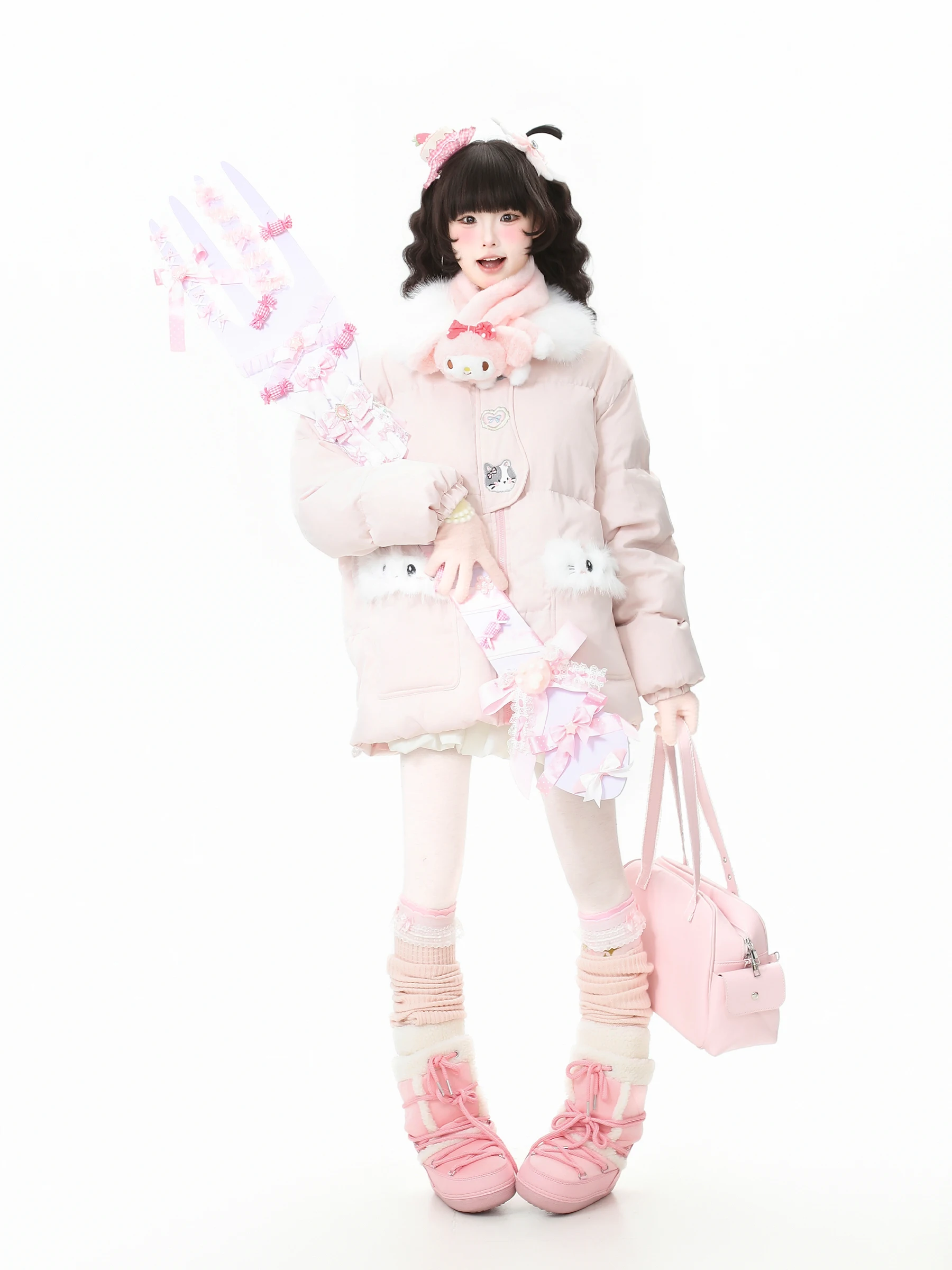 سترة قطنية مطرزة على شكل قطة سميكة باللون الأزرق اللطيف للنساء معطف قطني دافئ وردي مشمش للشتاء #4