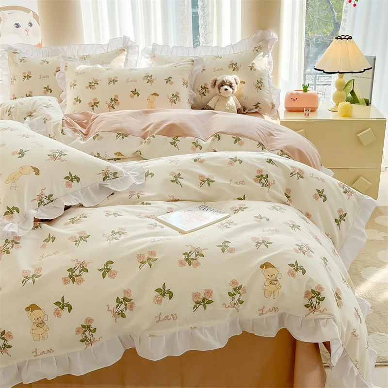 

New Cotton Printed Cartoon Single Bed Cover Lace Lace Princess Wind B 160x210 200x230 220x240 Double Bedding Duvet Cover Set