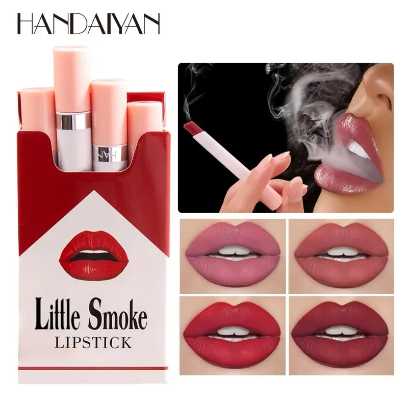 4pcs/set Little Smoke Lipstick Kit Matte Lip Stick Makeup Velvet Nude Lip Stick Pencil Semi Matt Texture Tint Lip Balm