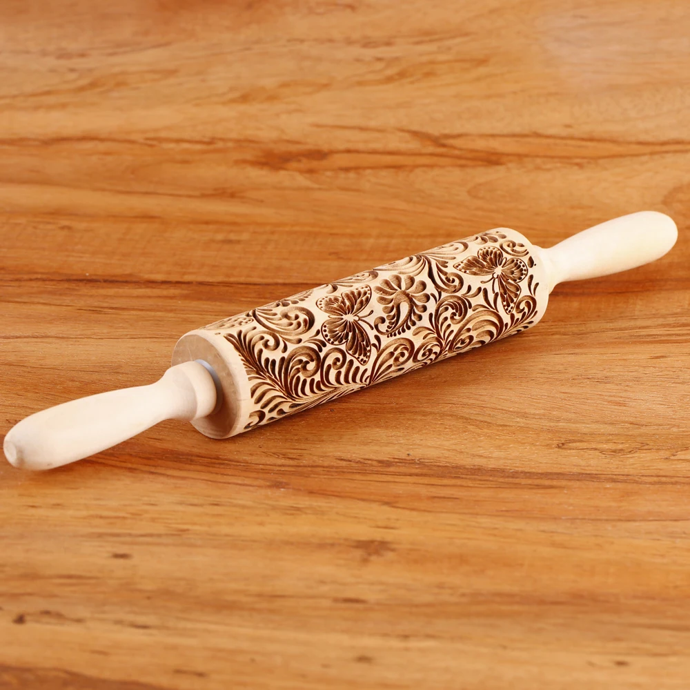 1pc 13.7in Wooden Butterfly Embossed Rolling Pin For Kitchen Pastry Baking Tools Tree Vine Deep Engraving Cookies Stamp Tool