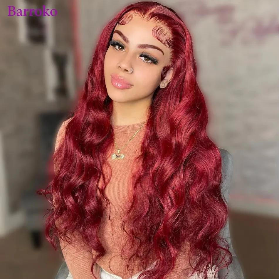 

Barroko 13x6 lace Front Human Hair Wigs Body Wave 99J Red Colored Transparent Pre Plucked Lace Wig For Woman Brazilian Hair Wigs