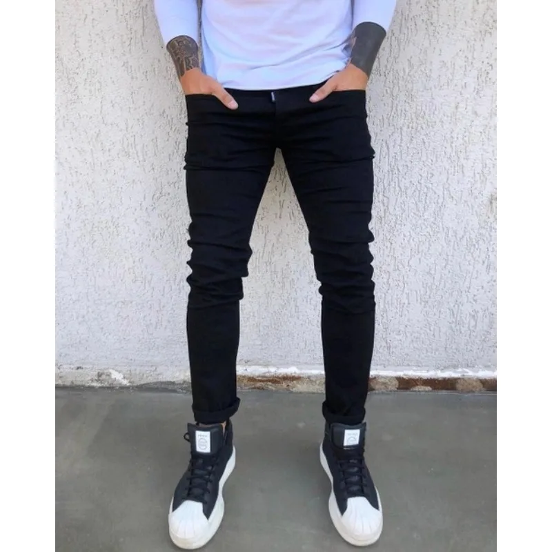 Primavera otoño nuevo negro estiramiento hombres Jeans ajustados pies pequeños Casual Simple Color sólido masculino pantalones vaqueros ajustados ropa de calle