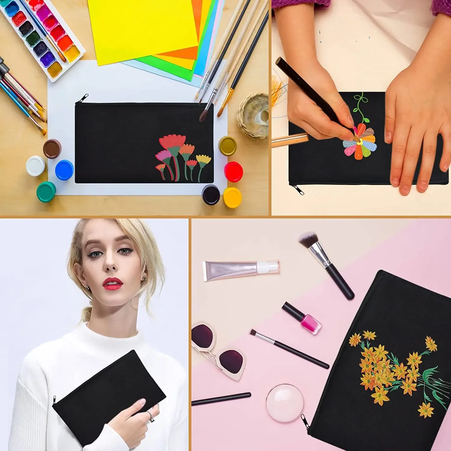 DIY Craft Canvas Pouch with Zipper Blank DIY Pencil Case Multi-purpose Blank Makeup Cosmetic Bags Gift Bag for Boys Girls