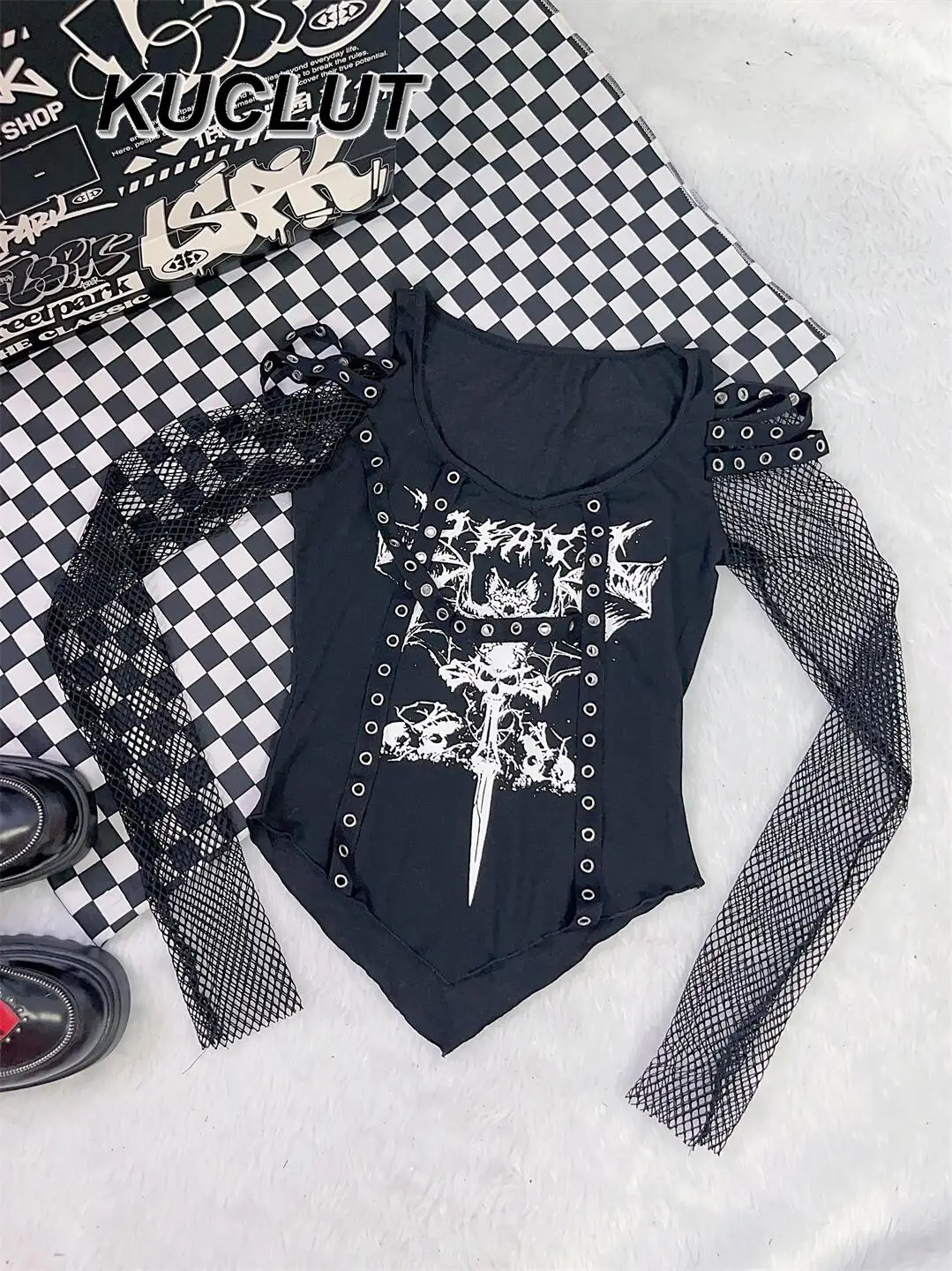 

Womens Tops European and American Style Y2K Top Girl Punk Rock Off-Shoulder Tee Mesh Slimming Long Sleeve T-Shirt Spring Autumn