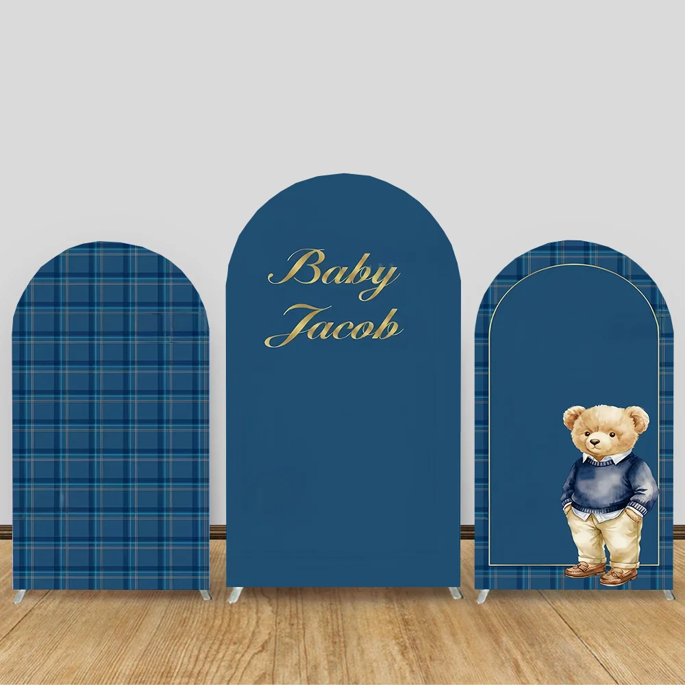 Custom 2-Sided Blue Tartan Bear Theme Boys Birthday Party Baby Shower Cover Chiara Arch Wall Background Decor Backdrop