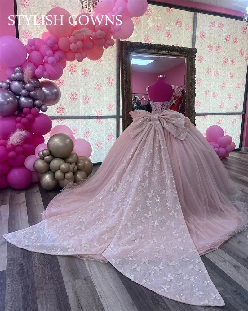 Rosa Schatz Ballkleid Quince anera Kleider für Mädchen Perlen Bogen Geburtstags feier Kleider schnüren zurück Abschluss Abschluss ball Kleid Robe