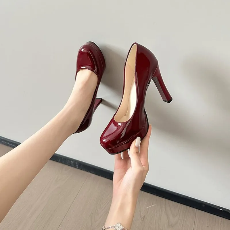 

High Heels Pumps Shoes Women White Wedding Shoes Thick Heels Fashion Party Pumps Footwear Black Red Round