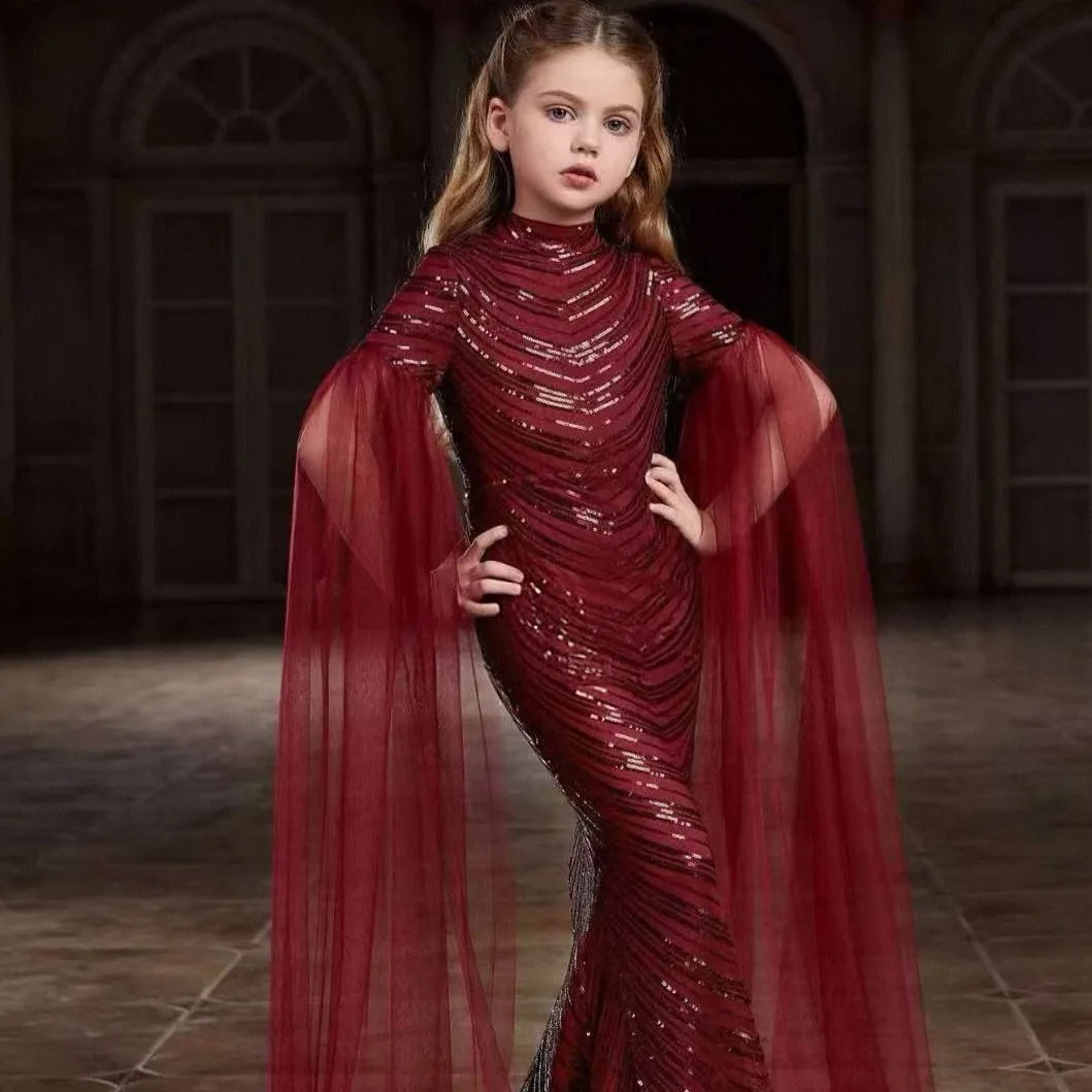 Flower Girl Wedding Dresse Swine Red Princess Dress Fishtail Sequin Gowns High Collar Graduation Prom Evening Gown Customized