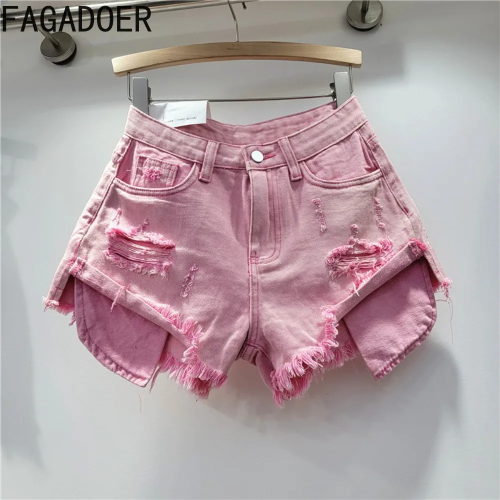 

FAGADOER Fashion New Y2K Hole Denim Shorts Women High Waisted Button Hot Girl Jean Casual Female Solid Pocket Bottoms Clothing