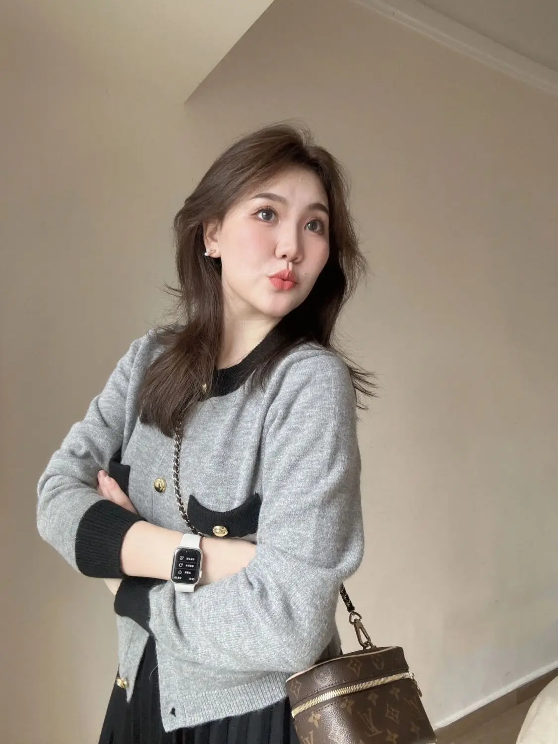 French Elegance Office Lady Short Jacket Full Sleeve Knitted Cardigan Women Autumn New Gray Outer Top Sweater Coat Korean Style