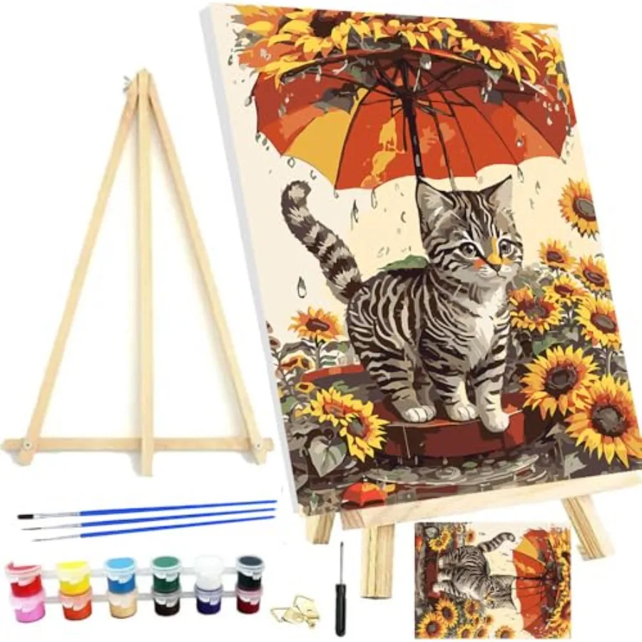 

Framed Paint by Numbers Kits for Adults, Cat Paint by Numbers for Adults Beginners, Sunflower Paint by Numbers Kits on Canvas w