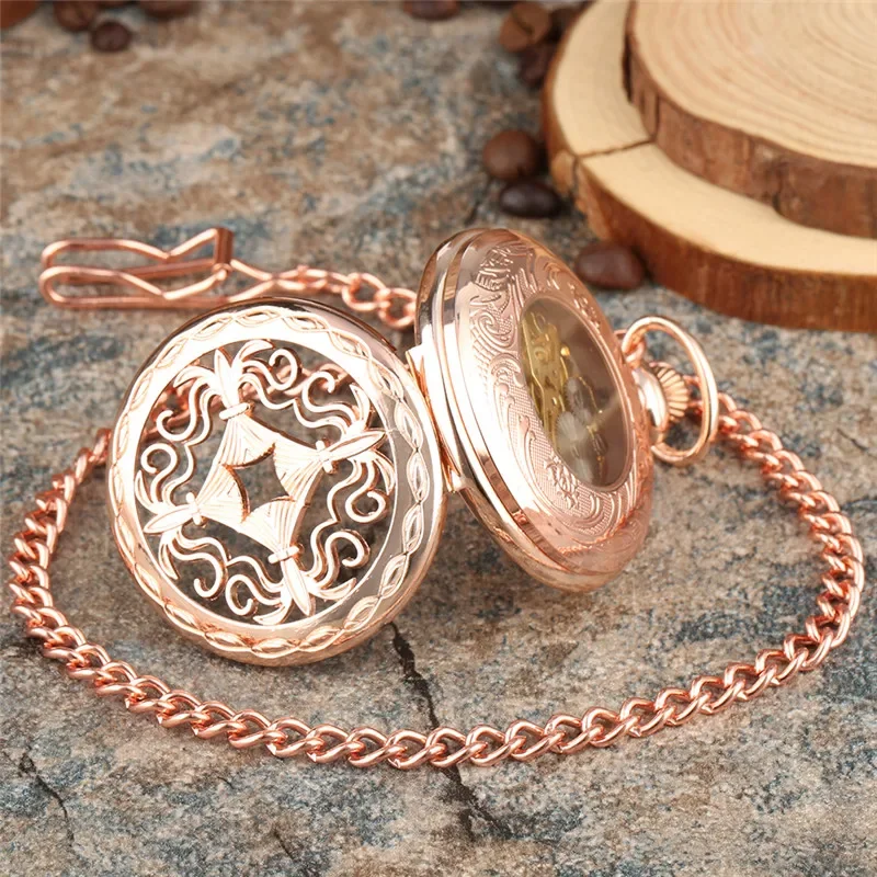 Retro Gold Hollow Out Knot Case Men Women Hand-winding Mechanical Pocket Watch Roman Numberal Skeleton Clock FOB Chain Gift