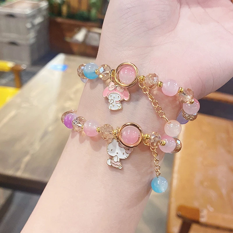 Sanrio My Melody Kuromi Cinnamoroll Handmade Crystal Beaded Bracelet Cartoon Cute Charms Bangle For Girlfriend Jewelry Gifts