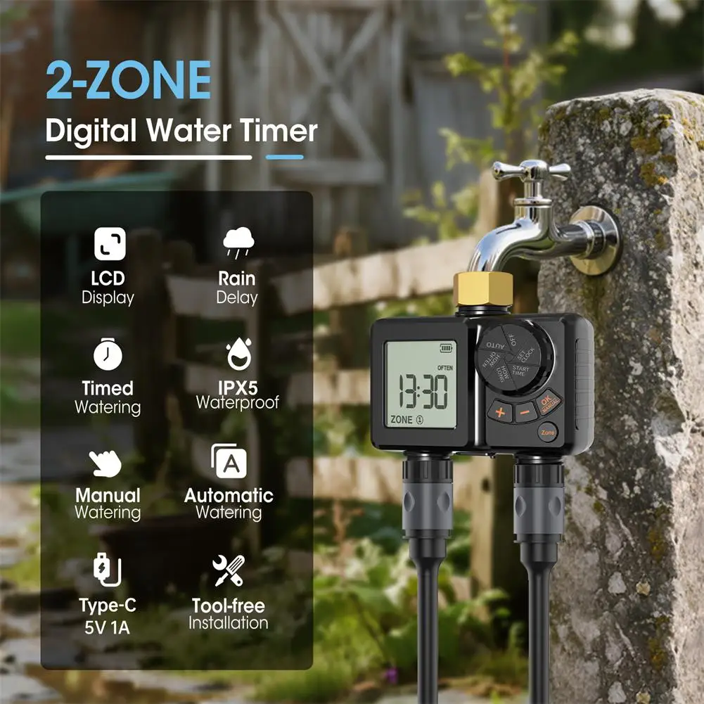 Yieryi 2-Zone Watering Timer Digital Garden Sprinkler Timer Programmable Irrigation Controller IPX5 Waterproof Rain Delay Type-C