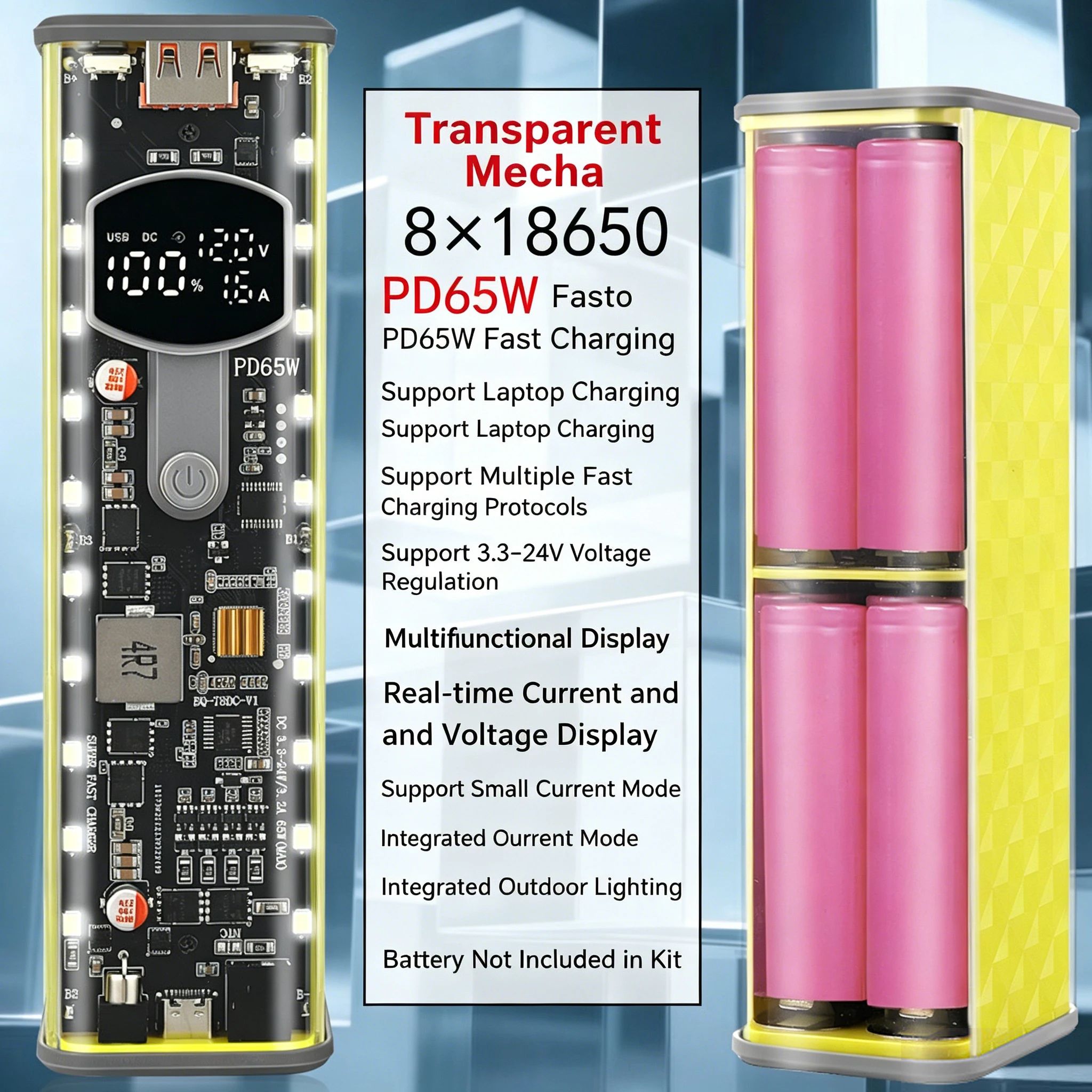 PD 65W Transparent Mecha Bank 8x18650 Battery DIY Kit  DC 3.3V-24V Voltage Regulator Type-C PD3.1 Fast Charge for Laptop Phone