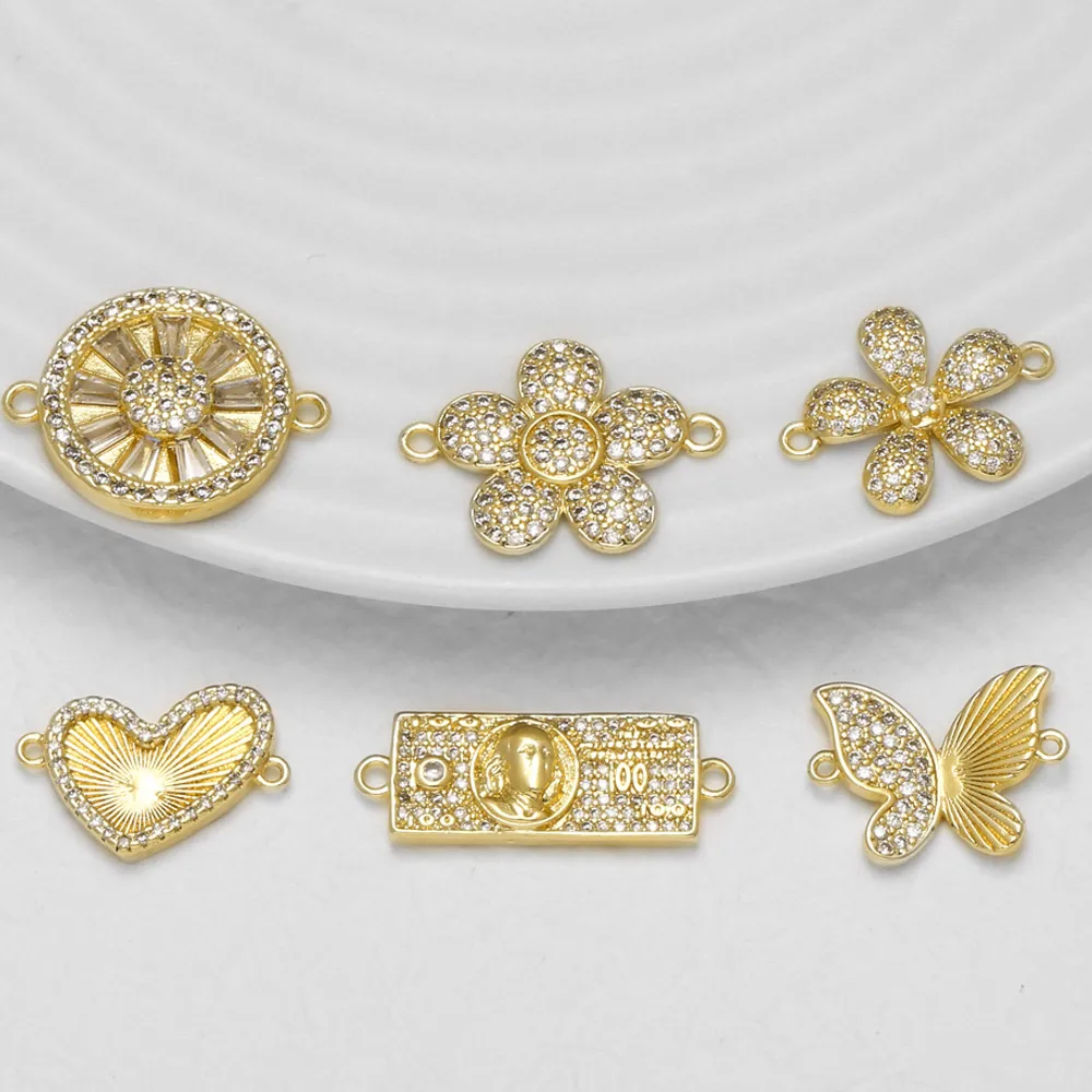 OCESRIO CZ Flower Butterfly Heart Money Charm for Bracelet Copper Gold Plated Connector Charm Jewelry Making Supplies chma376