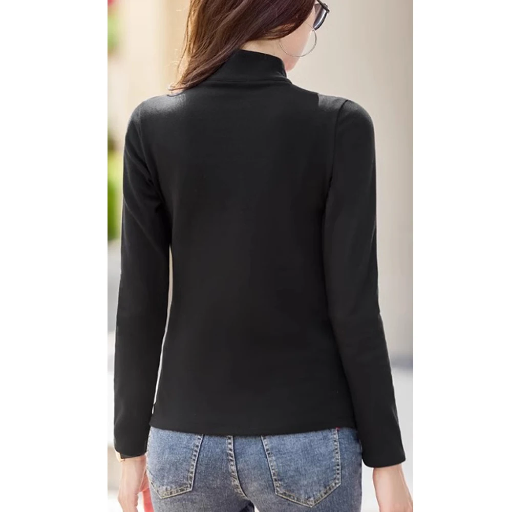 Korean version high neck zipper long sleeved T-shirt for women's autumn new casual fashion plus size slim fit patchwork top