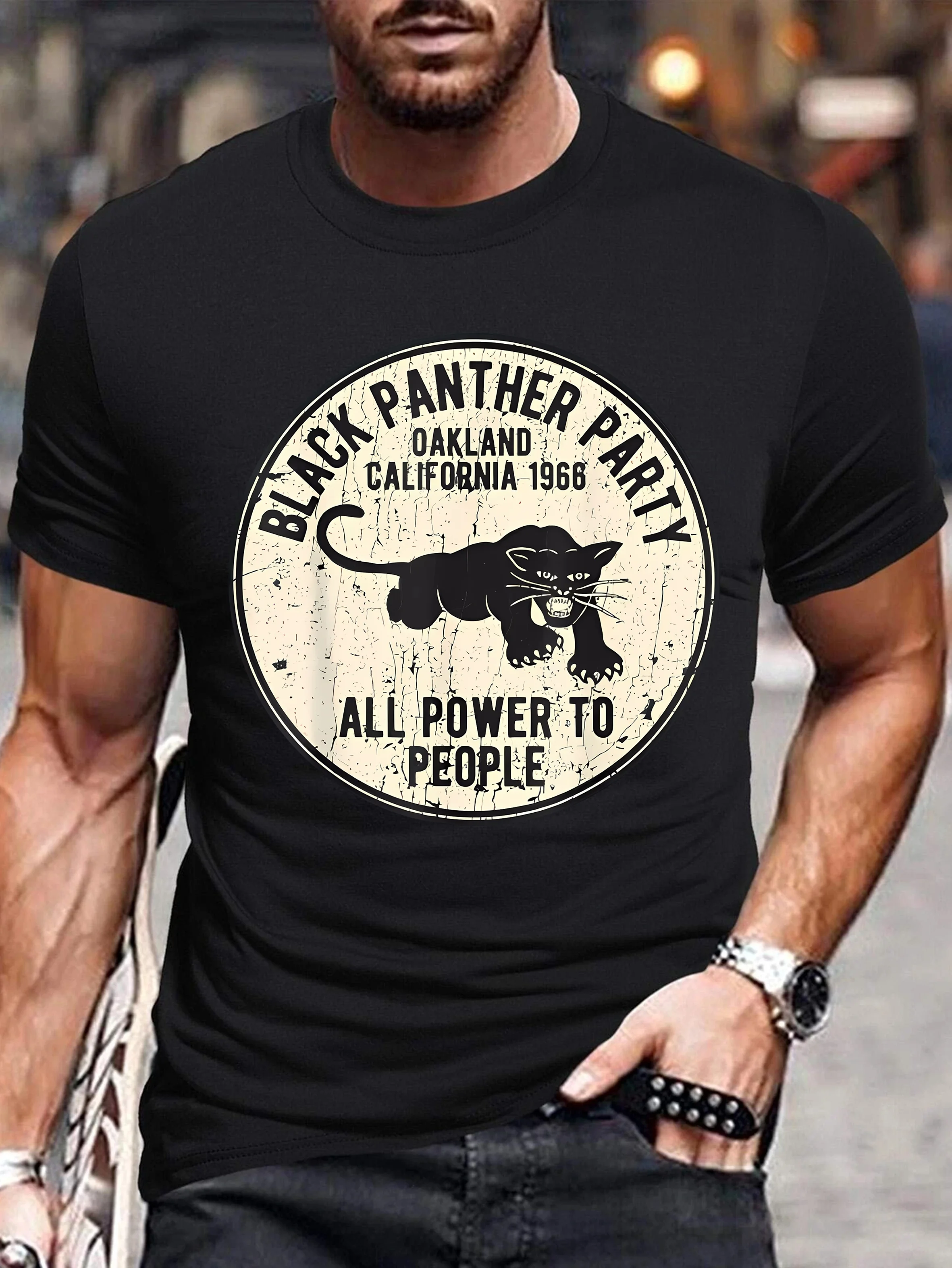 

Panther Party Print Plus Size Men's Short Sleeve T-Shirt, Casual Fashionable Tee For Outdoor Sports And Leisure