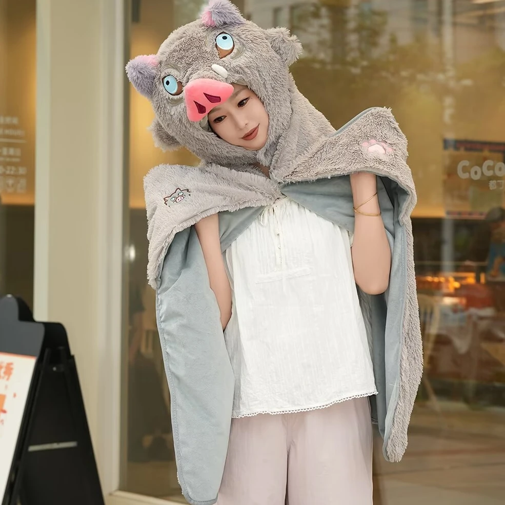 

Demon Slayer Wild Boar Hooded Blanket Thickened Hashibira Inosuke Wearable Throw Blanket for Adults Cozy Flannel Cloak Xmas Gift