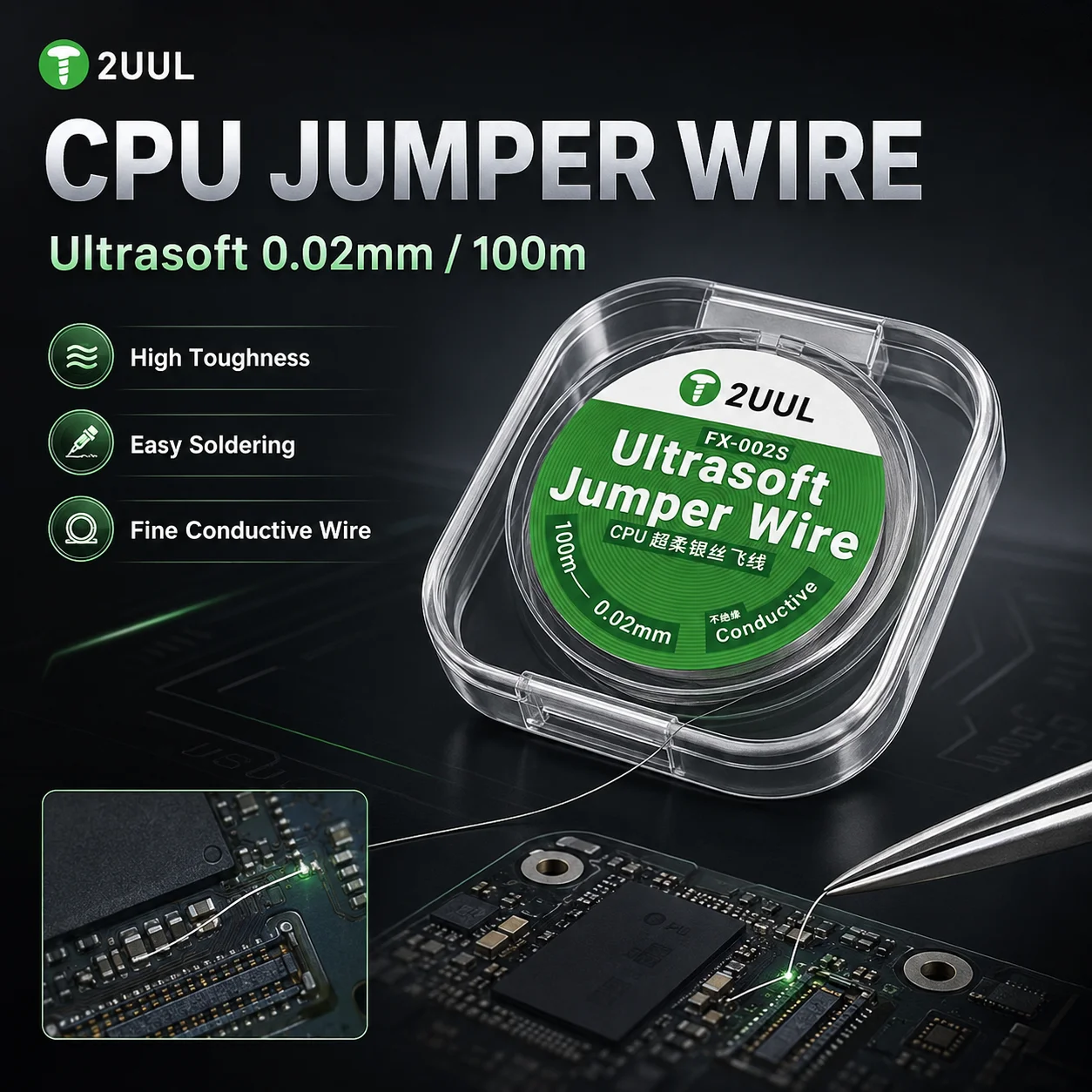 

2UUL FX-002S Ultra Soft CPU Jumper Wire 0.01mm Conductive Cable 100m Roll for iPhone PCB Motherboard Micro Soldering Repair