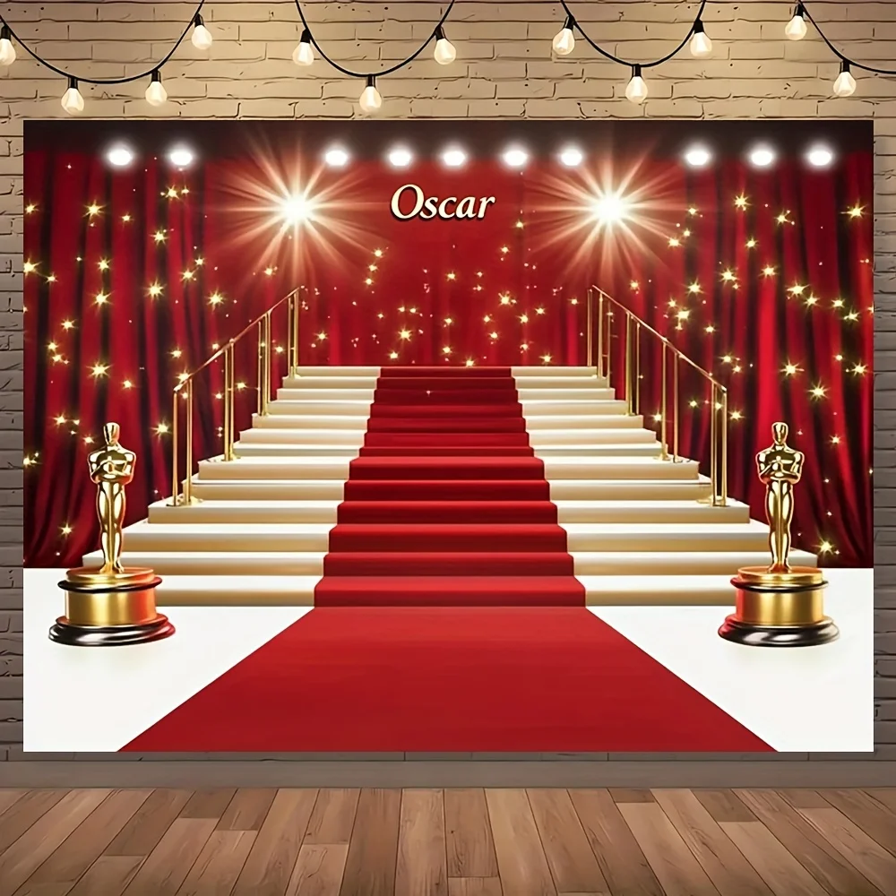 1 luxuriöser Hintergrund auf dem roten Teppich mit goldenen Statuen und Sternenlichtlampen – Dekoration mit Sternmotiv zum Hollywood-Film