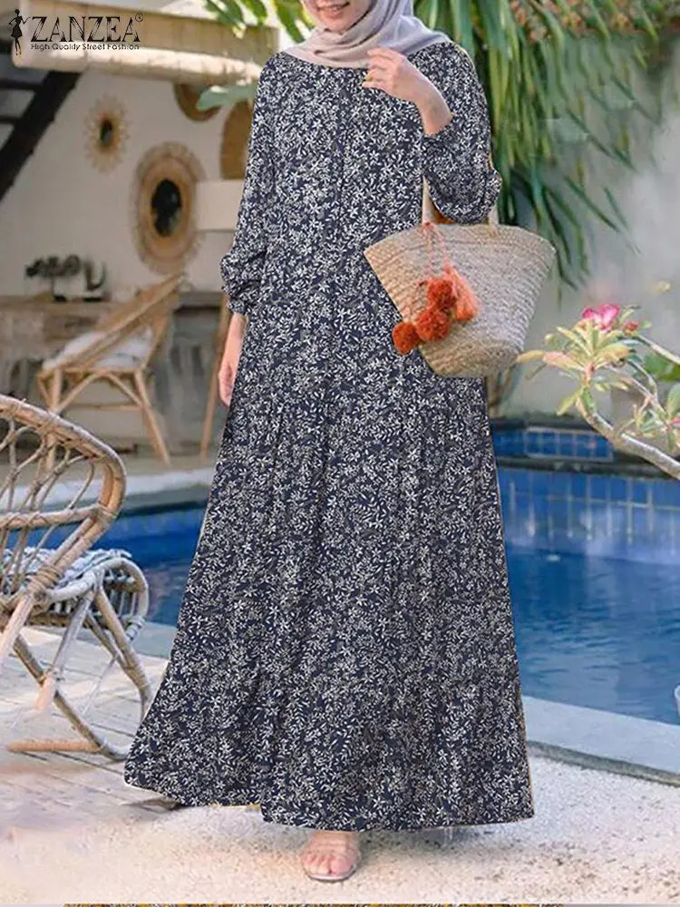 2023 ZANZEA Fashion Floral Print Muslim Dress Women Casual Loose Ruffle Abaya Sundress Kaftan Robe Femme Vintage Maxi Vestidos