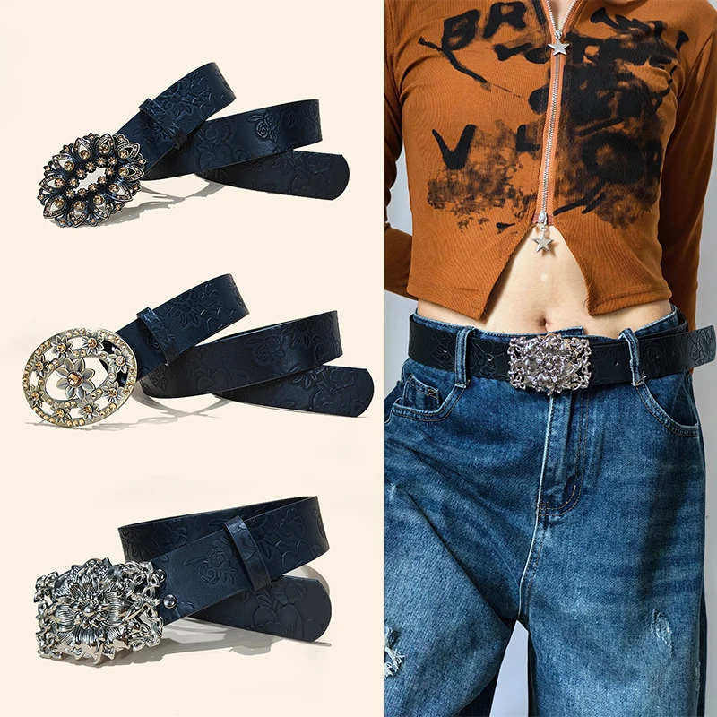 Punk Vintage Flower Belt For Men and Women Y2K Spicy Girl Embossed Waistband Gothic Accessories Western Cowboy Jeans Waist Strap