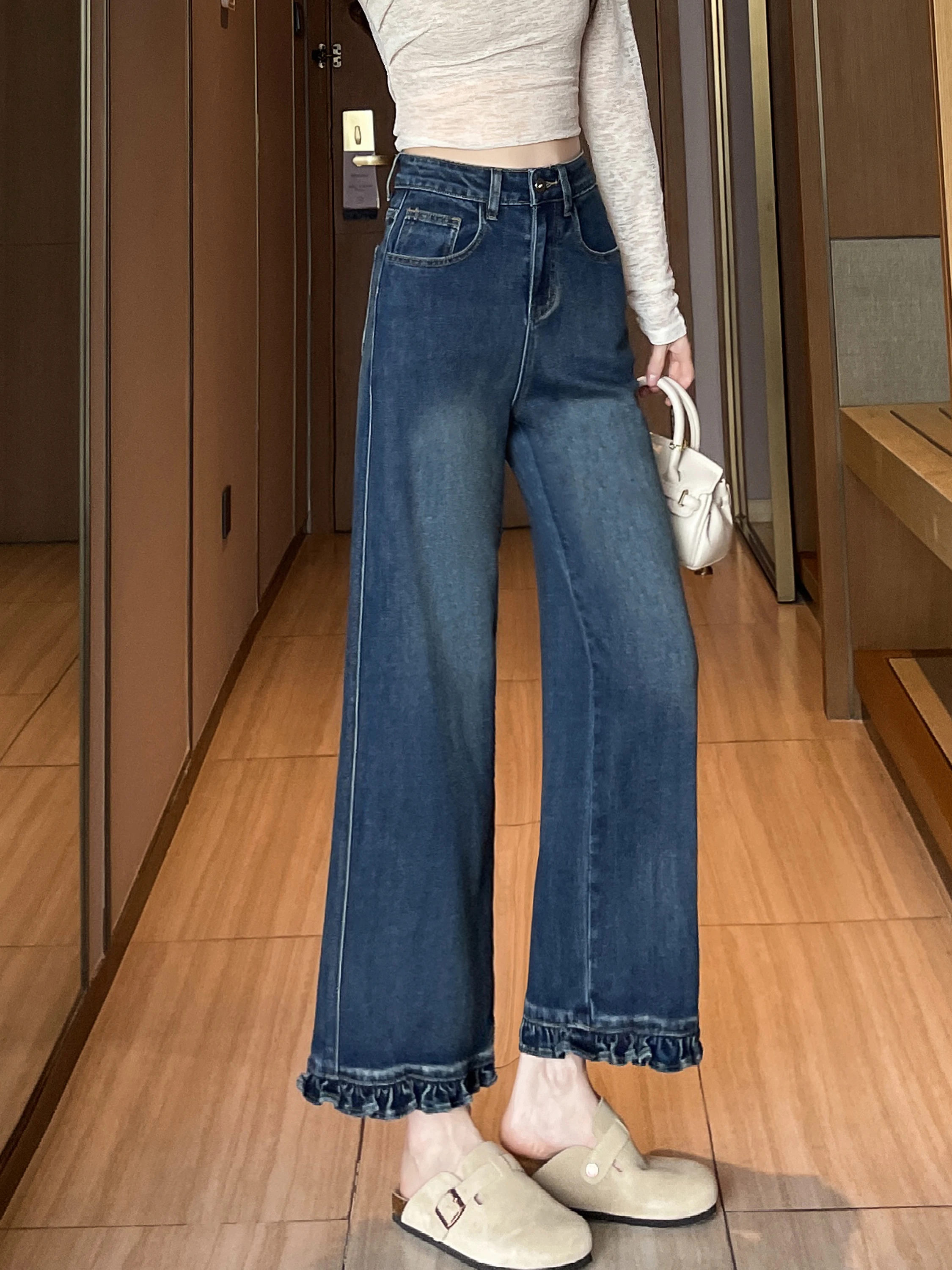 Niebieskie dżinsy z falbanką na dole, damskie, z wysokim stanem, wyszczuplające, proste, długość 7/8, spodnie z szerokimi nogawkami, nowość na zimę, eleganckie, do pracy.