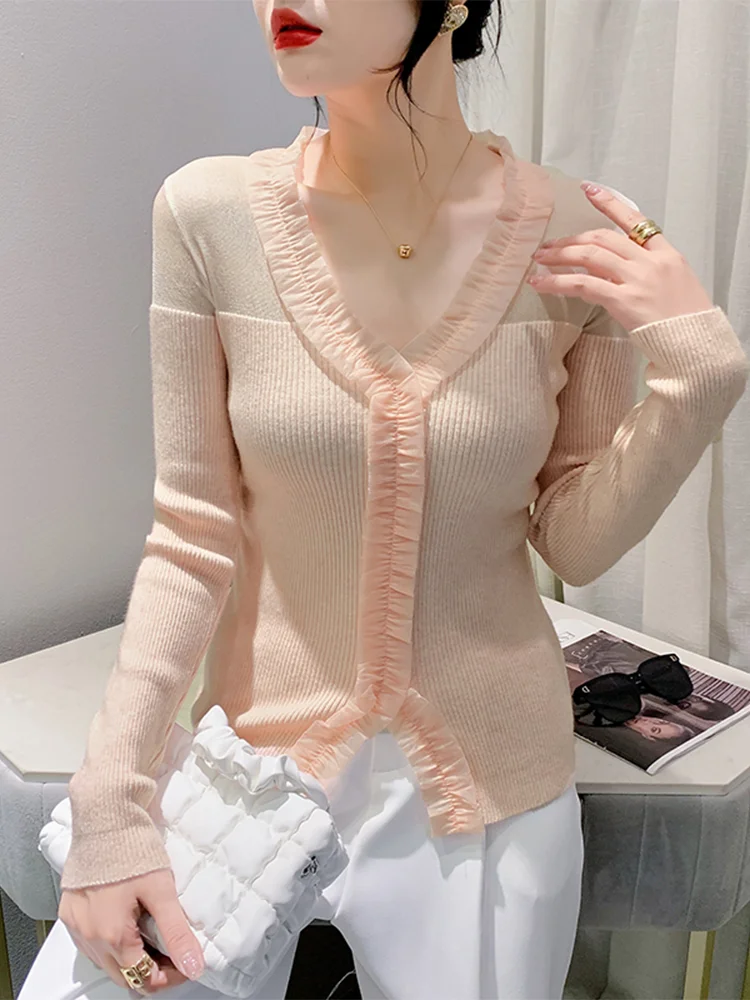 

Winsleter Streetwear Sweet Sweaters Long Sleeve Pullovers Women Sexy Ruffled V Neck Slim Knitwear Top Spring Fall New T39828JM