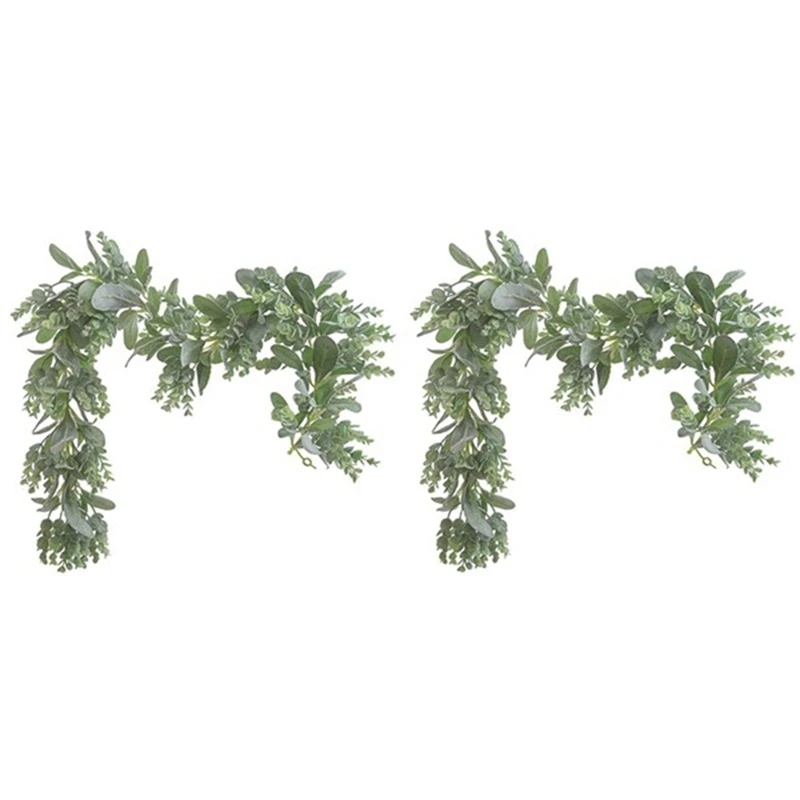 2Piece Lambs Ear Garland Greenery And Eucalyptus Vine / 38 Inches Long Light Colored Flocked Leaves