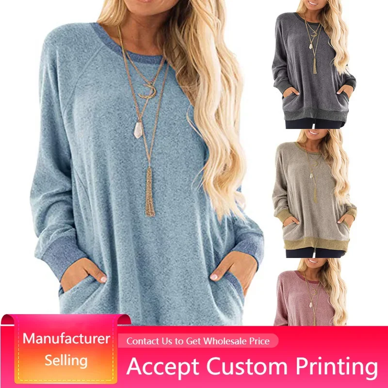 

Womens Casual Color Block Long Sleeve Round Neck Pocket T Shirts Blouses Sweatshirts Pullover Tops