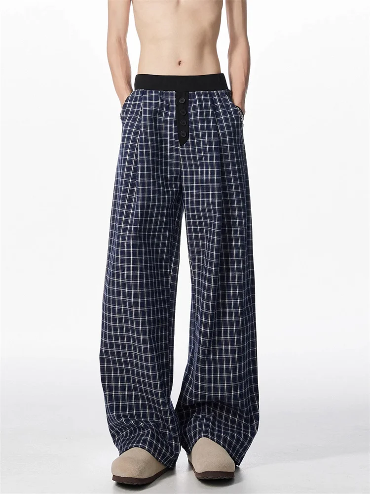 

Clara Men's Loose Wide Leg Pants Summer Lazy Plaid Pattern American Retro Straight Casual Long Trousers Faionable Leisure S...