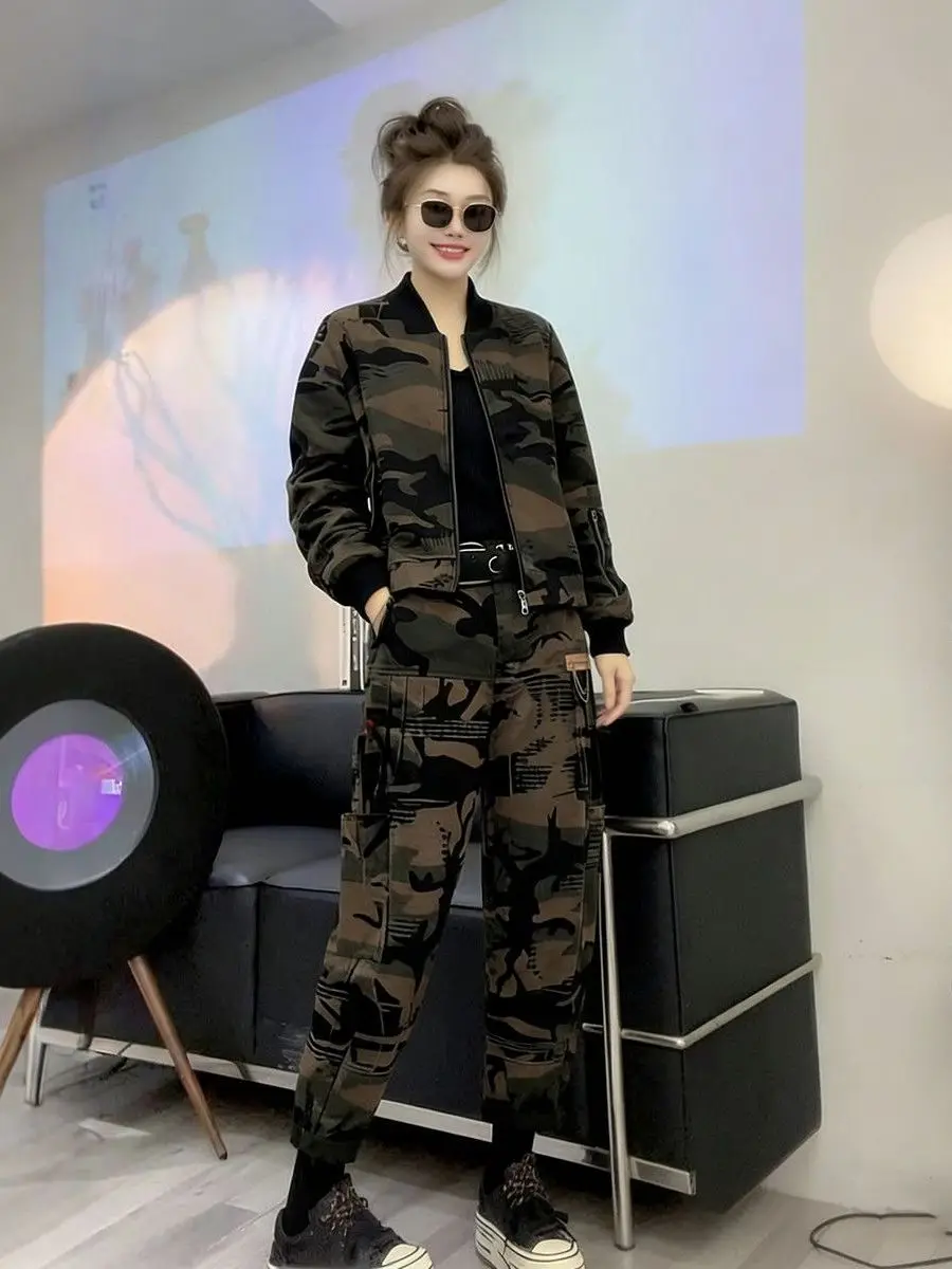 Spring 2026 Casual Fashion Camouflage Workwear Set Women's Two-Piece Slimming Jacket Trousers Harlan Pants Polyester Fiber