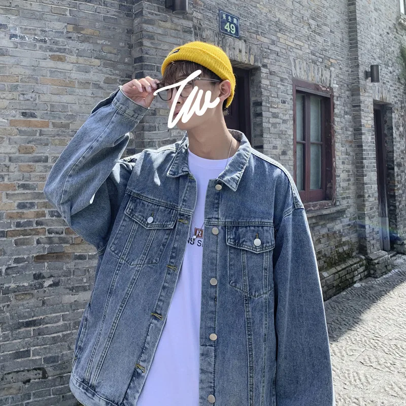 Casual Men's Denim Jacket Trendy Handsome Spring Outerwear Classic Retro Style Long Sleeve Loose Fit Jeans Material Coat