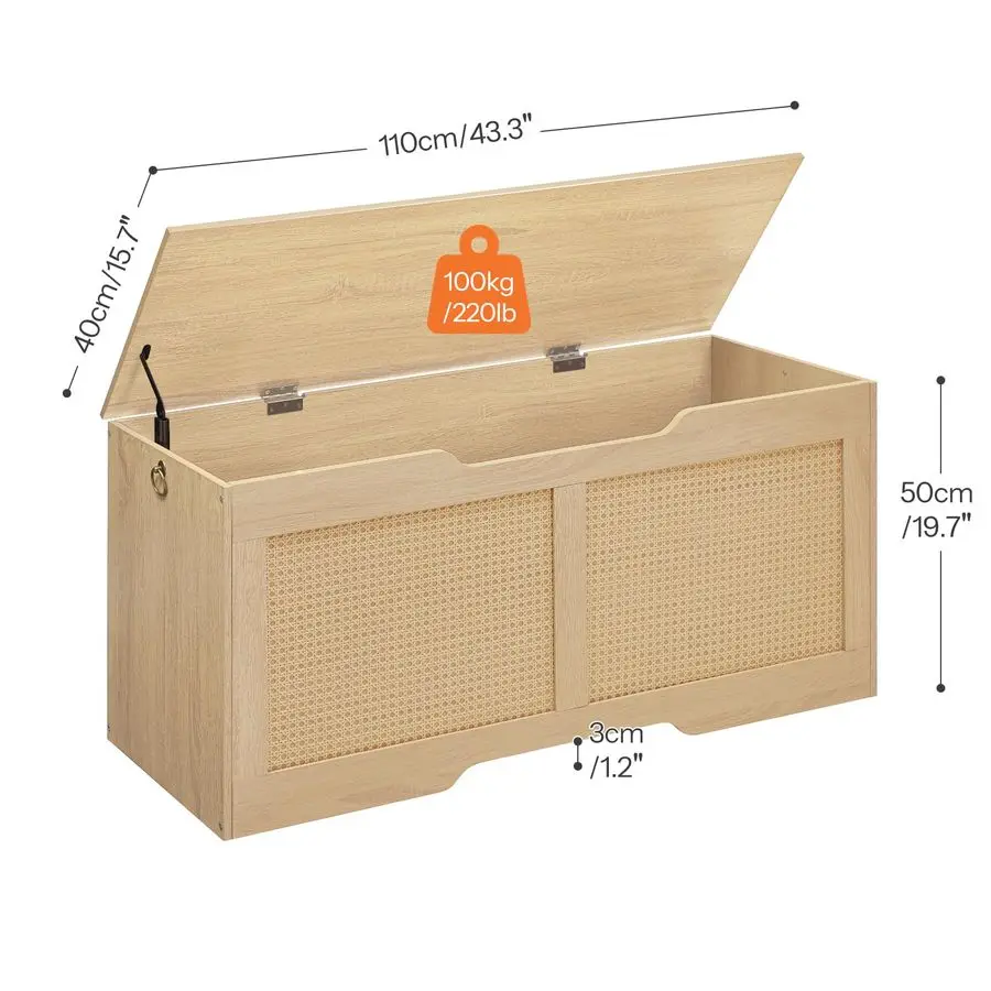 Storage Bench, 43.3 Toy Box, RattanLike Storage Chest, Sturdy Entryway Bench Supports 220 lb, Toy Chest, Safety Hinge, UShaped O