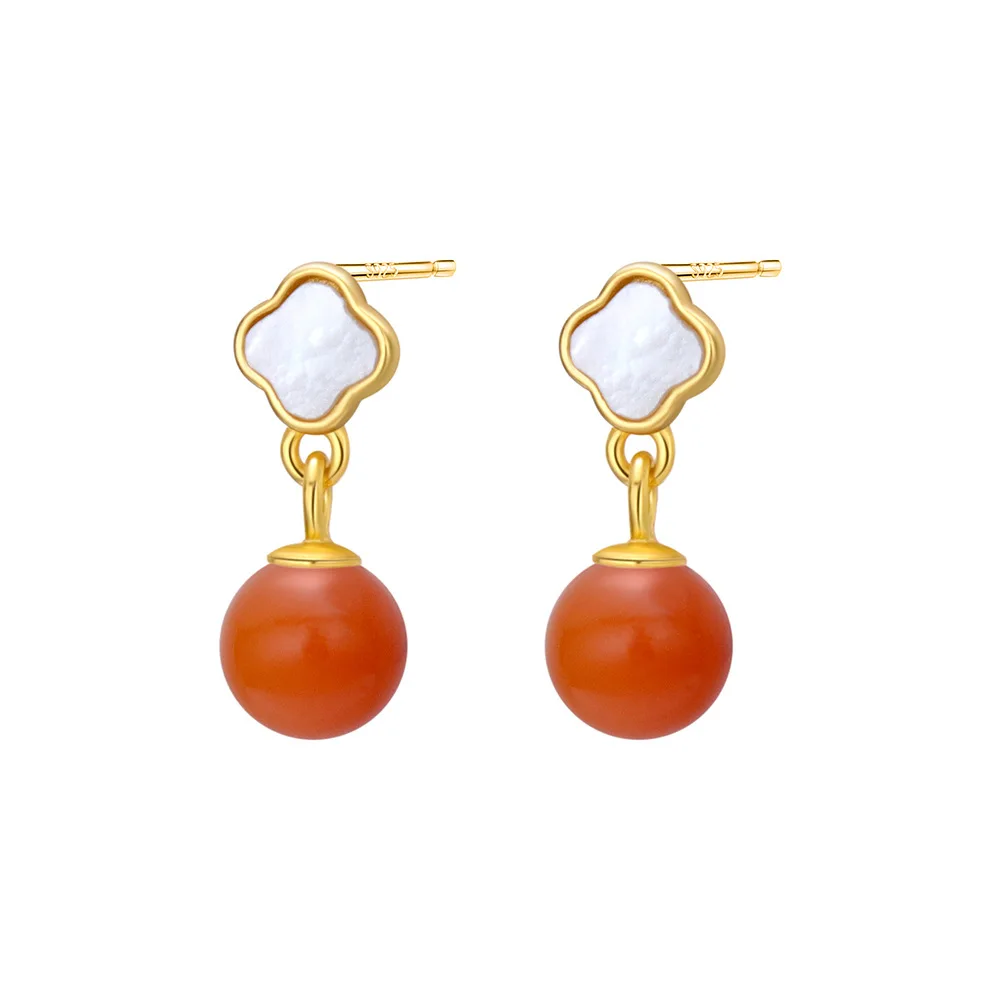 

Natural Mother of Pearl Clover Earrings S925 Gold Plated with Round Pearl Accent Symbolic Minimalist Jewelry