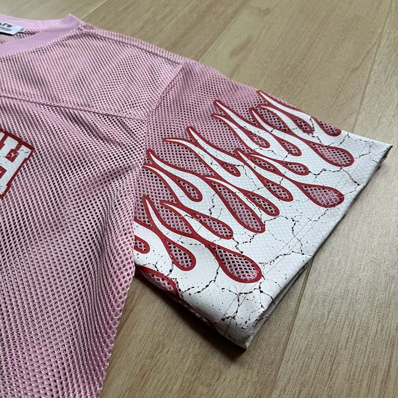 American Flame Hollow Out T-shirt Mesh See Through Jersey Y2K Baggy V-neck Number Graphic Men and Women Tee Oversized Summer