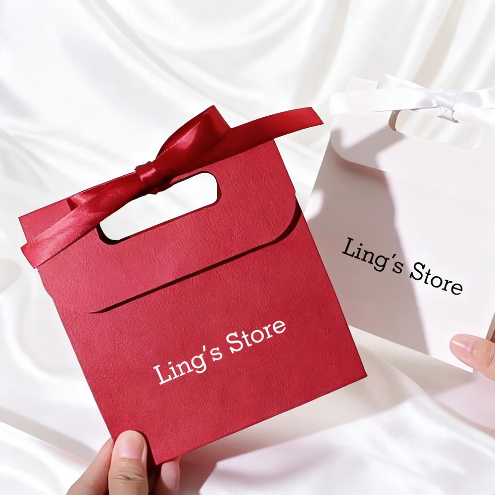 50개 고급 맞춤형 로고 14.5x15.5x7.5cm 보석 종이 토트백 텍스처 종이 손잡이 파우치 화장품 핸드백 선물 정리함