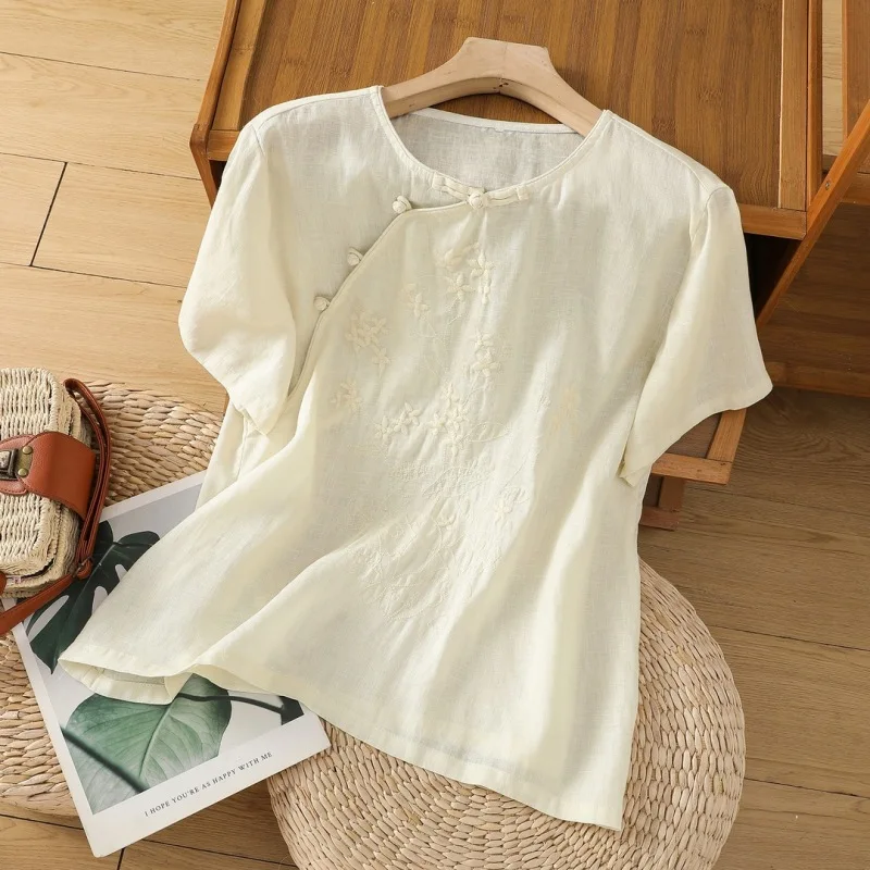 2024 Summer New Women's Blouse Chinese Style Crew Neck Pan Button Embroidery Spliced Short Sleeve Elegant Vintage Chiffon Tops